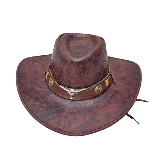 Rustic Western Cowboy Hat - Distressed Faux Leather Look Wide Brim Outback Sun Hat with Bull Head Emblem for Men & Women (Coffee Brown)