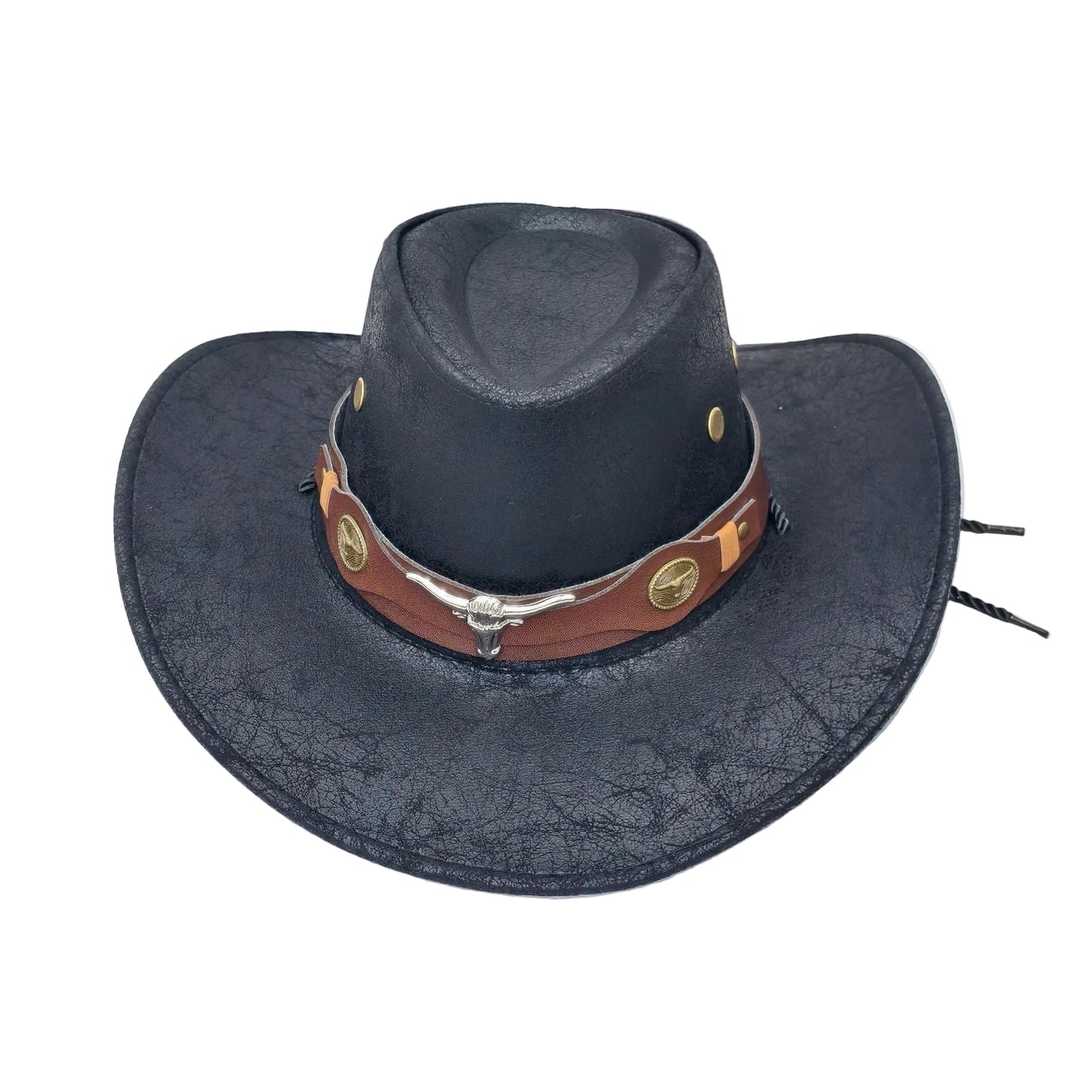 Rustic Western Cowboy Hat - Distressed Faux Leather Look Wide Brim Outback Sun Hat with Bull Head Emblem for Men & Women (Black)