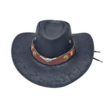 Rustic Western Cowboy Hat - Distressed Faux Leather Look Wide Brim Outback Sun Hat with Bull Head Emblem for Men & Women (Black)