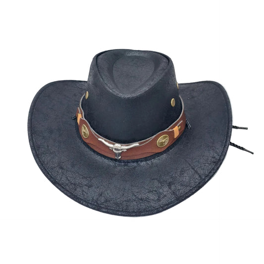 Rustic Western Cowboy Hat - Distressed Faux Leather Look Wide Brim Outback Sun Hat with Bull Head Emblem for Men & Women (Black)