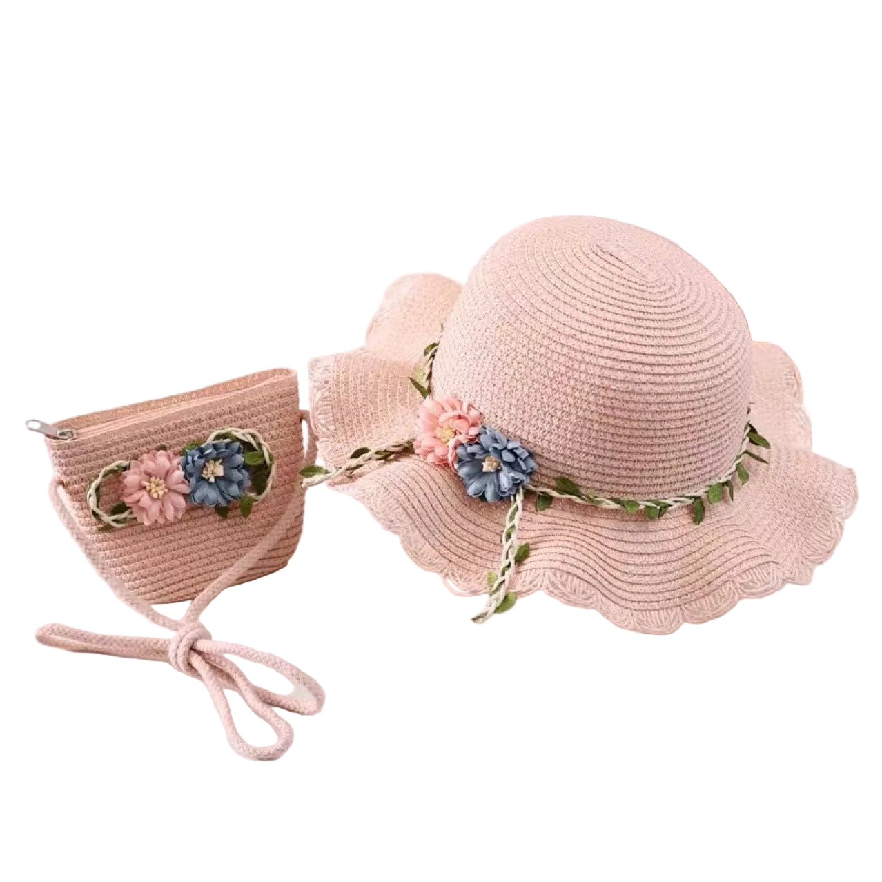 Pink Girls Summer Princess Straw Straw Hat and Matching Purse Set - Breathable Floral Wide Brim Sun Protection Sun Hat