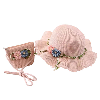 Pink Girls Summer Princess Straw Straw Hat and Matching Purse Set - Breathable Floral Wide Brim Sun Protection Sun Hat