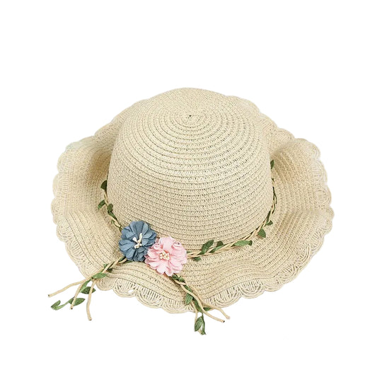 Beige Girls Summer Princess Straw Straw Hat and Matching Purse Set - Breathable Floral Wide Brim Sun Protection Sun Hat
