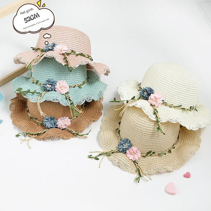 Beige Girls Summer Princess Straw Straw Hat and Matching Purse Set - Breathable Floral Wide Brim Sun Protection Sun Hat