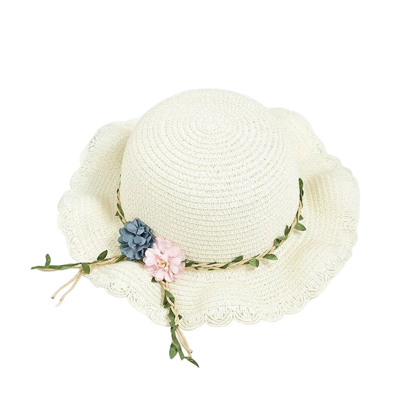 White Girls Summer Princess Straw Straw Hat and Matching Purse Set - Breathable Floral Wide Brim Sun Protection Sun Hat