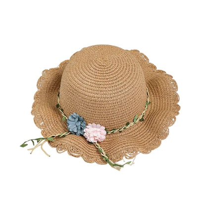 Khaki Girls Summer Princess Straw Straw Hat and Matching Purse Set - Breathable Floral Wide Brim Sun Protection Sun Hat