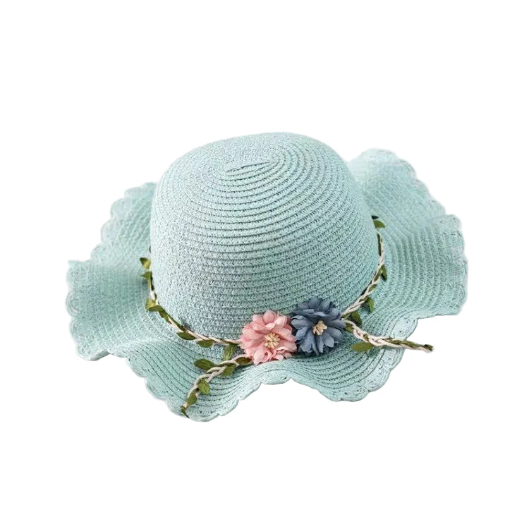 Green Girls Summer Princess Straw Straw Hat and Matching Purse Set - Breathable Floral Wide Brim Sun Protection Sun Hat