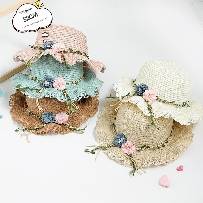 Green Girls Summer Princess Straw Straw Hat and Matching Purse Set - Breathable Floral Wide Brim Sun Protection Sun Hat