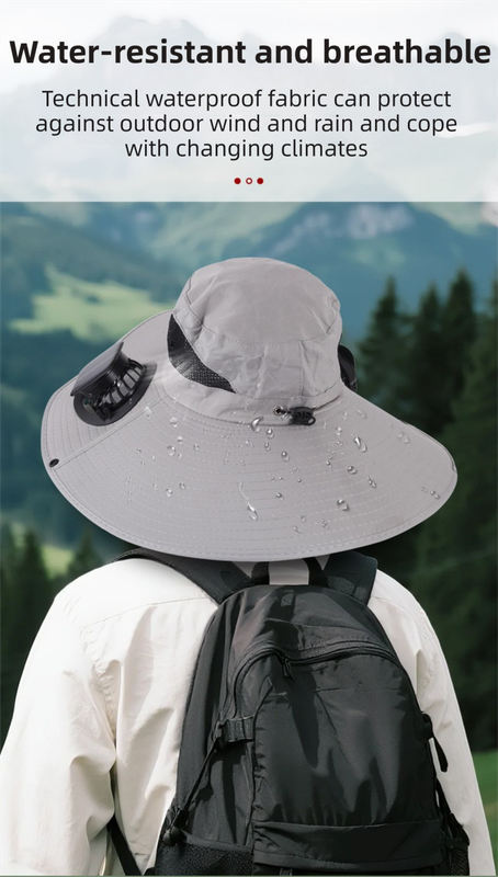 Khaki Dual Turbo Fan Sun Hat with Round Solar Panel & TypeC Interface - Waterproof 14cm Wide-Brim Cooling Hat for Outdoor Fishing Hiking Camping