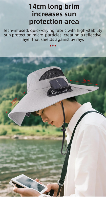 Light Grey Dual Turbo Fan Sun Hat with Round Solar Panel & TypeC Interface - Waterproof 14cm Wide-Brim Cooling Hat for Outdoor Fishing Hiking Camping
