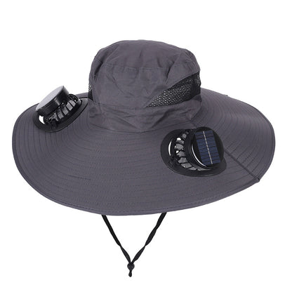 Dark Grey Dual Turbo Fan Sun Hat with Round Solar Panel & TypeC Interface - Waterproof 14cm Wide-Brim Cooling Hat for Outdoor Fishing Hiking Camping