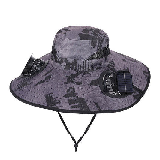 Camouflage Grey Dual Turbo Fan Sun Hat with Square Solar Panel & TypeC Interface - Waterproof 14cm Wide-Brim Cooling Hat for Outdoor Fishing Hiking Camping