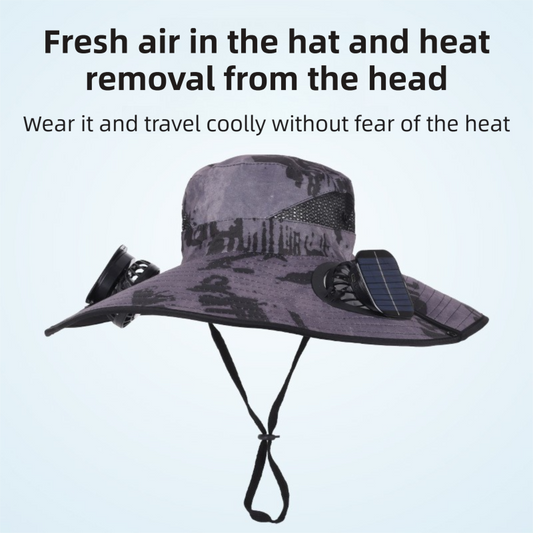 Camouflage Grey Dual Turbo Fan Sun Hat with Round Solar Panel & TypeC Interface - Waterproof 14cm Wide-Brim Cooling Hat for Outdoor Fishing Hiking Camping