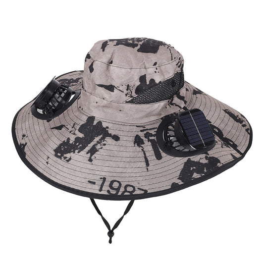 Camouflage Khaki Dual Turbo Fan Sun Hat with Square Solar Panel & TypeC Interface - Waterproof 14cm Wide-Brim Cooling Hat for Outdoor Fishing Hiking Camping