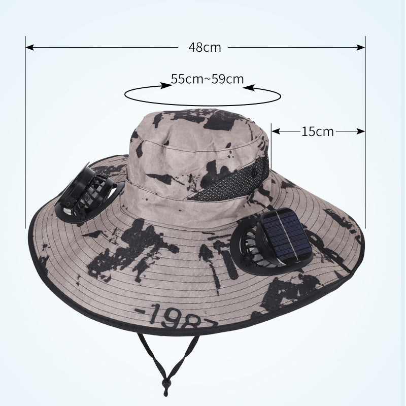Camouflage Khaki Dual Turbo Fan Sun Hat with Square Solar Panel & TypeC Interface - Waterproof 14cm Wide-Brim Cooling Hat for Outdoor Fishing Hiking Camping