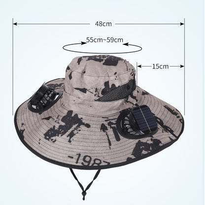 Camouflage Khaki Dual Turbo Fan Sun Hat with Square Solar Panel & TypeC Interface - Waterproof 14cm Wide-Brim Cooling Hat for Outdoor Fishing Hiking Camping