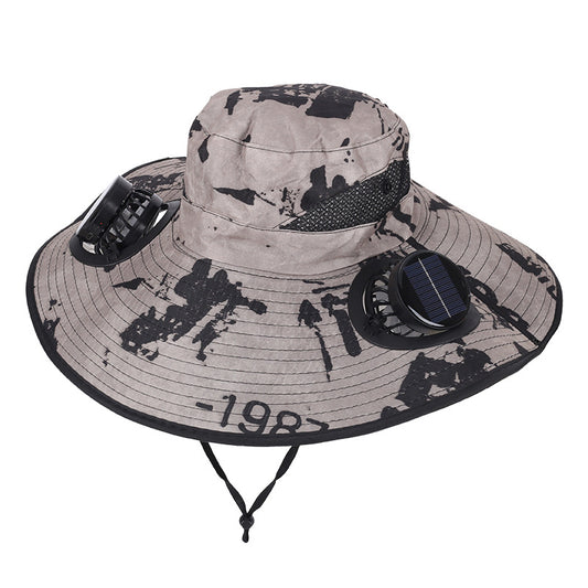 Camouflage Khaki Dual Turbo Fan Sun Hat with Round Solar Panel & TypeC Interface - Waterproof 14cm Wide-Brim Cooling Hat for Outdoor Fishing Hiking Camping