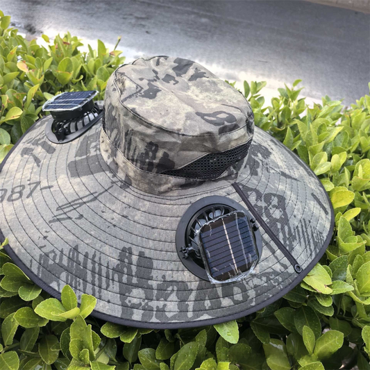 Camouflage Green Dual Turbo Fan Sun Hat with Square Solar Panel & TypeC Interface - Waterproof 14cm Wide-Brim Cooling Hat for Outdoor Fishing Hiking Camping
