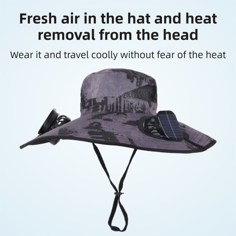 Camouflage Green Dual Turbo Fan Sun Hat with Square Solar Panel & TypeC Interface - Waterproof 14cm Wide-Brim Cooling Hat for Outdoor Fishing Hiking Camping