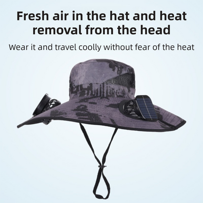 Camouflage Green Dual Turbo Fan Sun Hat with Square Solar Panel & TypeC Interface - Waterproof 14cm Wide-Brim Cooling Hat for Outdoor Fishing Hiking Camping
