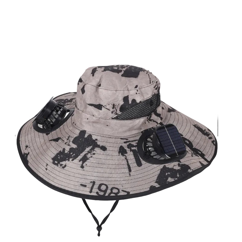 Camouflage Green Dual Turbo Fan Sun Hat with Square Solar Panel & TypeC Interface - Waterproof 14cm Wide-Brim Cooling Hat for Outdoor Fishing Hiking Camping