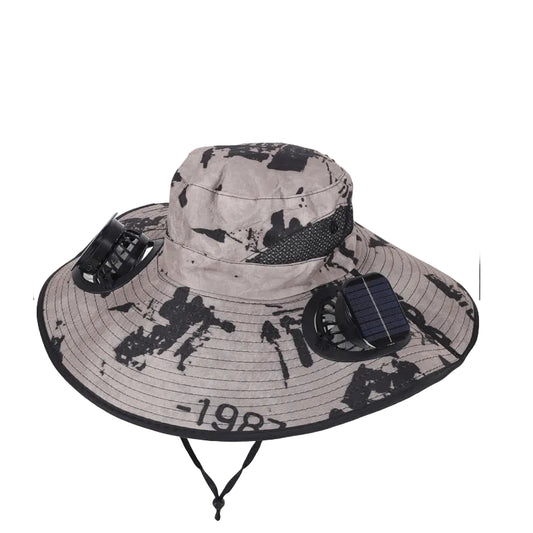 Camouflage Green Dual Turbo Fan Sun Hat with Square Solar Panel & TypeC Interface - Waterproof 14cm Wide-Brim Cooling Hat for Outdoor Fishing Hiking Camping
