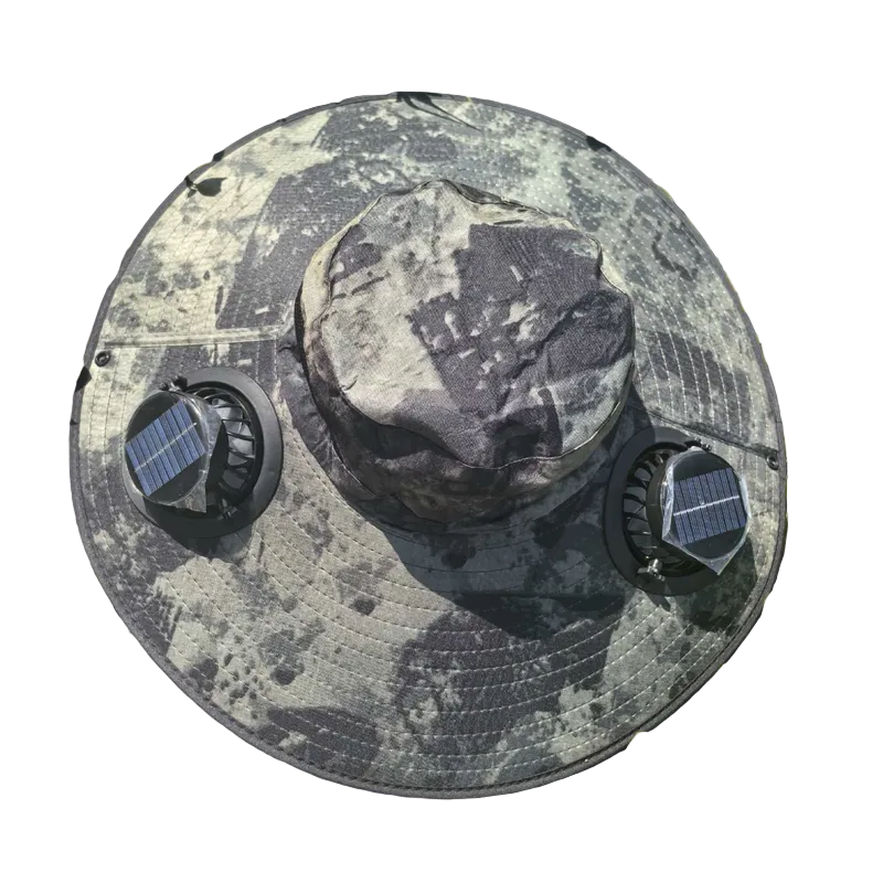 Camouflage Green Dual Turbo Fan Sun Hat with Round Solar Panel & TypeC Interface - Waterproof 14cm Wide-Brim Cooling Hat for Outdoor Fishing Hiking Camping