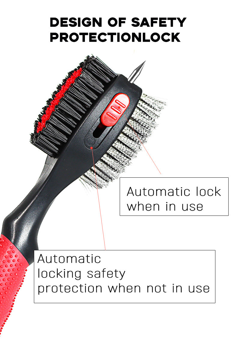 Red Premium Golf Club Cleaning Brush Extra Large Head Dual Bristles Retractable Zip Line & Groove Cleaner Spike Anti-Slip Ergonomic Grip 29cm