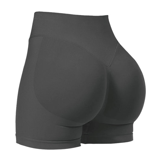 L Grey High-Elastic Hip Yoga Shorts - Seamless Mid-Intensity Pilates Workout Shorts