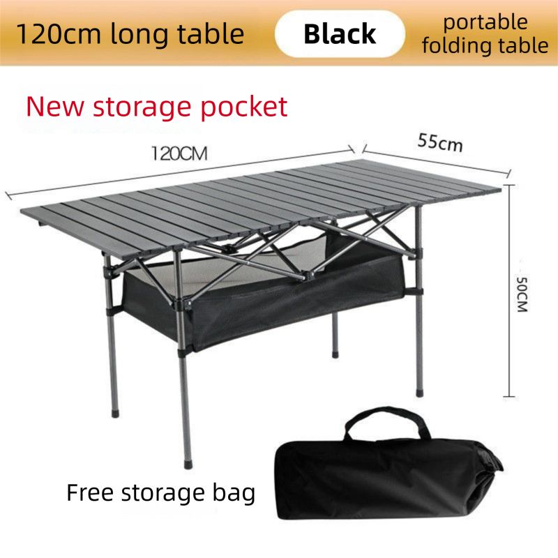 Black Portable Folding Egg Roll Camping Table for 6-8 People