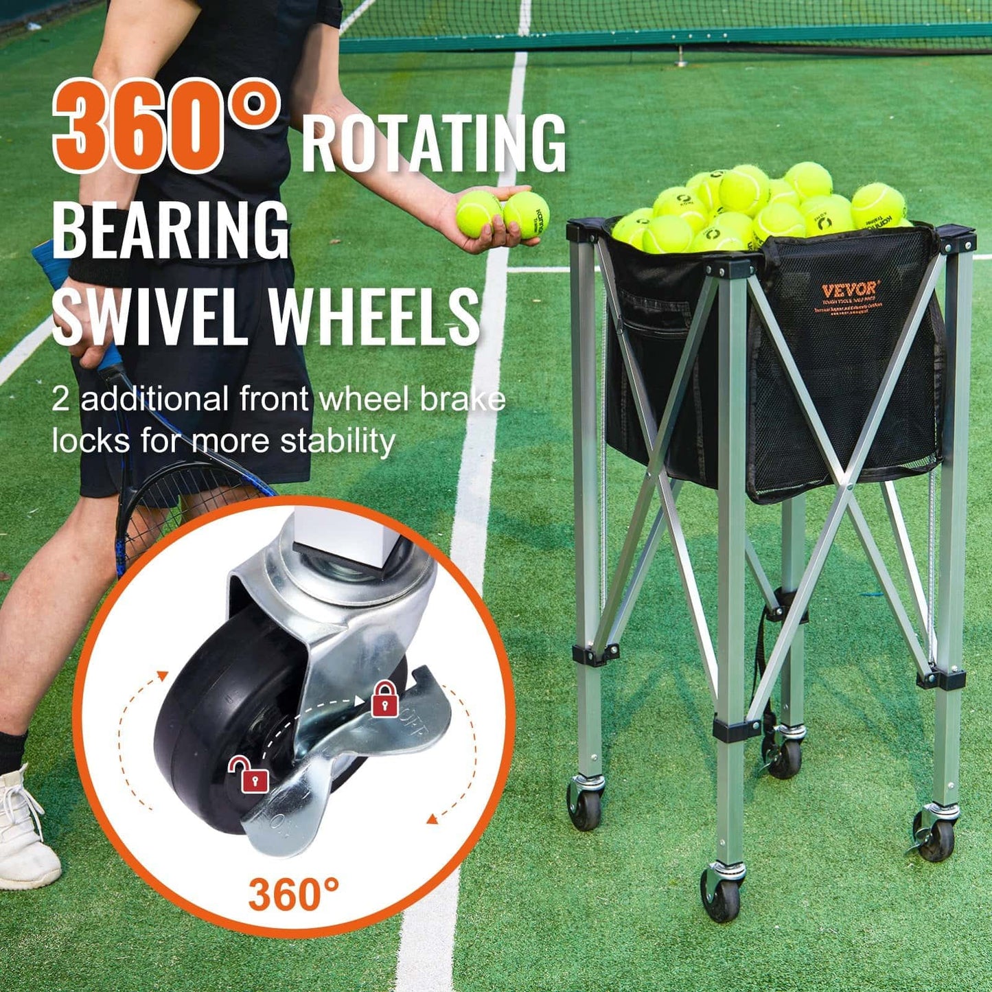 Best VEVOR Foldable Tennis Ball Hopper Holds 150 Tennis Balls Lightweight Aluminum Alloy Tennis Ball Basket Cart with Wh