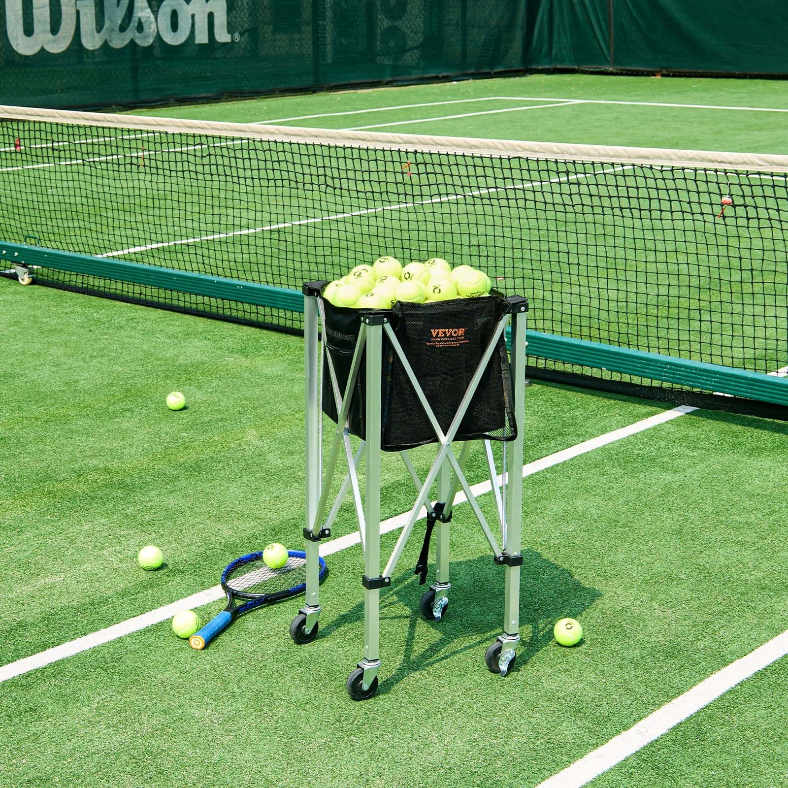 Best VEVOR Foldable Tennis Ball Hopper Holds 150 Tennis Balls Lightweight Aluminum Alloy Tennis Ball Basket Cart with Wh