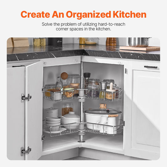 28" Kidney Shaped Chrome Corner Organizer, 360° Rotatble Kitchen Base Cabinet Blind Corner, 2 Tier Height Adjustable Storage Rack, Carbon Steel Lazy Susan Replacement Shelf for Cabinet Corner