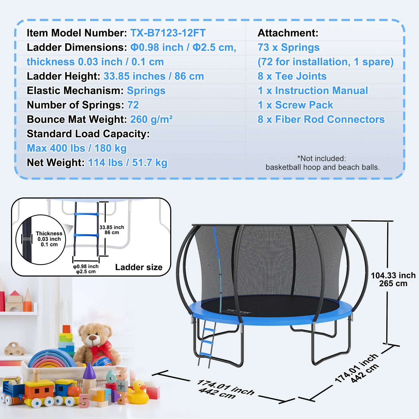 VEVOR 3.66m Trampoline, 181 kg Trampoline with Enclosure Net, Ladder, and Curved Pole, Heavy Duty Trampoline with Jumping Mat and Spring Cover Padding, Outdoor Recreational Trampolines for Kids Adults