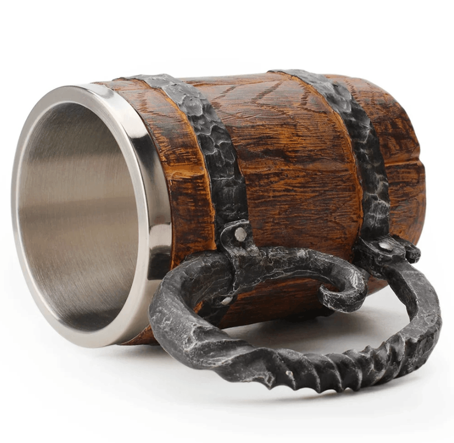 Best Beer Mug Stainless Steel Double Wall Viking Wood Style | Buy Online at Furniture Things Australia